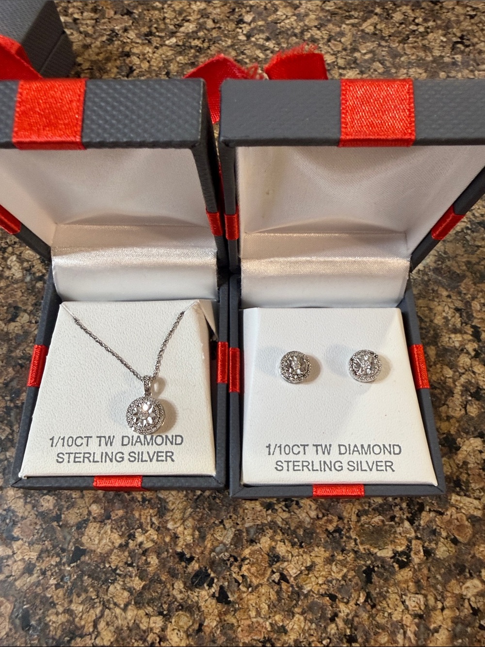 Sterling Silver Diamond Halo Pendant Necklace - White and Earrings Set